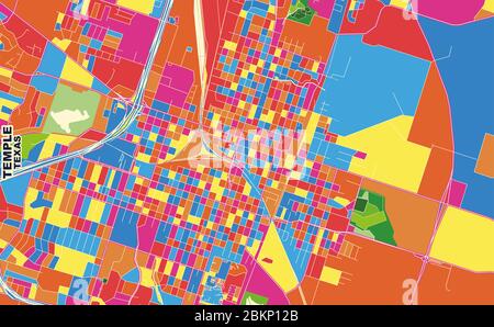 Carte vectorielle colorée de Temple, Texas, Etats-Unis. Modèle de carte art pour l'impression automatique d'illustrations murales au format paysage. Illustration de Vecteur