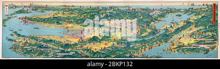 [ Japon des années 1920 - carte du Japon central, 1926 ] — carte de Kansai avec vue panoramique Hatsubaburo Yoshida, publiée par Osaka Mainichi Shinbun le 5 avril 1926 (Taisho 15). Hatsubaburo Yoshida (吉田初三郎, 1884-1955), un artiste basé à Kyoto, était célèbre pour ses cartes de vue d'oiseau et s'appelait Hiroshige de l'époque Taisho. carte du xxe siècle. Banque D'Images