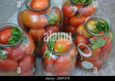 Maison. Des blancs pour l'hiver. Tomates rouges et jaunes en pots. Poivre. Épices Banque D'Images