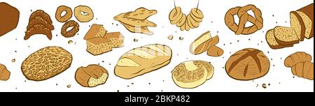 Bannière de pain frais. Composition panoramique sans couture avec pain tiré à la main. Illustration vectorielle pour les boutiques de boulangerie sur fond blanc. Illustration de Vecteur