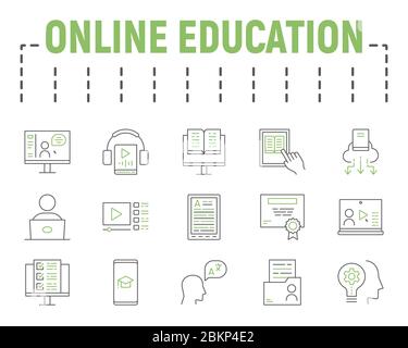Jeu d'icônes de ligne de couleur pour l'enseignement en ligne, collection de symboles d'apprentissage à distance, croquis vectoriels, illustrations de logos, icônes d'apprentissage en ligne, éducation Illustration de Vecteur