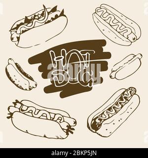 Illustrations dessinées à la main pour chien chaud. Éléments de conception de Fast-food, croquis de hot-dogs avec sauce et mayonnaise. Graphiques vectoriels EPS8 monochromes. Illustration de Vecteur