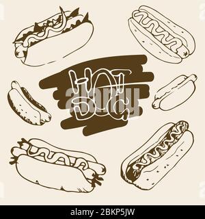 Illustrations dessinées à la main pour chien chaud. Éléments de conception de Fast-food, croquis de hot-dogs avec sauce et mayonnaise. Graphiques vectoriels EPS8 monochromes. Illustration de Vecteur