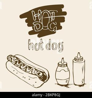 Illustrations dessinées à la main pour chien chaud. Éléments de conception Fast food, croquis de hotdog. Sauce et mayonnaise dans des bouteilles en plastique. Étiquette écrite pour la main de chien chaud Illustration de Vecteur