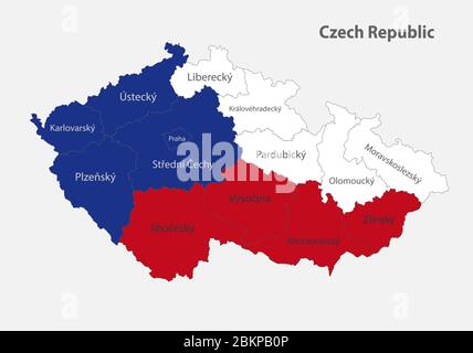 Carte de la République tchèque dans les couleurs du drapeau avec vecteur de divisions administratives Illustration de Vecteur