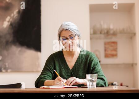 Photo de la jeune femme mûre optimiste concentrée belle à cheveux gris à l'intérieur écrire des notes. Banque D'Images