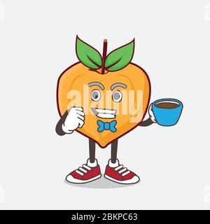 Une illustration de la mascotte de dessin animé d'Eggfruit avec une tasse de café Illustration de Vecteur