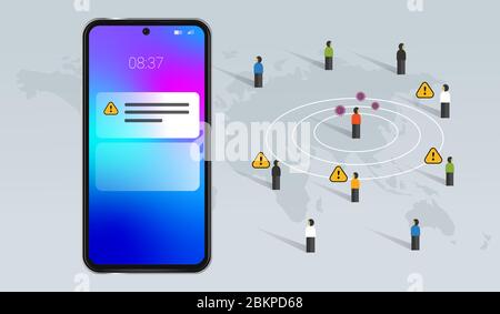 Application de suivi Corona sur smartphone pour alerte de virus Covid-19 avec technologie mobile garder loin des personnes infectées et de la région Illustration de Vecteur