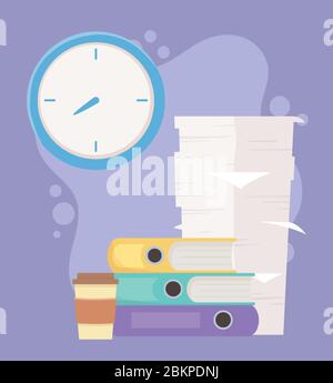 stress au travail, pile de papiers classeurs tasse à café et illustration du vecteur d'horloge Illustration de Vecteur
