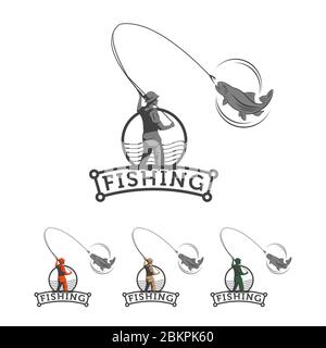 tige de pêcheur sur cercle de forme, pour la création logo autocollants, badges, emblème pour clubs de pêche. Illustration de Vecteur