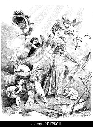 Humour et caricatures du XIXe siècle : un troupeau de putti Cupid survole une jeune femme et aide à s'habiller avec des décorations florales et des tenues de luxe Banque D'Images