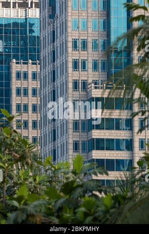 Gros plan de la façade d'un des gratte-ciel et des bâtiments d'affaires de la région de Gambir, dans le centre de Jakarta, en Indonésie. Banque D'Images