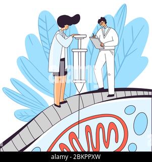 Personnage homme et femme faisant la recherche cellulaire, traitement de l'ADN cellulaire avec une seringue à l'intérieur des mitochondries. Étude génétique cellulaire, thérapie, recherche et Illustration de Vecteur