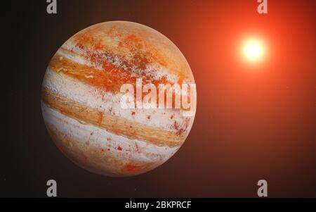 Jupiter rouge comme planète de fiction dans l'espace avec éclat de lentille de soleil levant. Illustration de rendu 3D. Des éléments de l'image ont été fournis par la NASA Banque D'Images