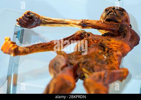 05 mai 2020, Saxe-Anhalt, Magdebourg : une réplique de l'homme de l'âge de pierre 'Ötzi', découvert dans les Alpes de l'Ötztal en 1991, se trouve dans le Musée d'Histoire naturelle de l'exposition Ötzi. Le Iceman' dans une réplique d'une chambre froide. L'exposition aurait dû ouvrir le 20 mars 2020, mais le musée a dû fermer quelques jours plus tôt en raison de la propagation du cronavirus. Depuis le 05 mai 2020, le Musée d'Histoire naturelle est de nouveau ouvert aux visiteurs. L'exposition Ötzi peut être vue jusqu'au 28 juin 2020. Credit: dpa Picture Alliance/Alay Live News Banque D'Images