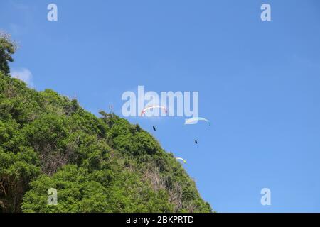 Parapente dans le ciel. Trois parapentes uniques volent en été sur l'île tropicale de Bali. Magnifique parapente en vol sur un backgrou de turquise Banque D'Images