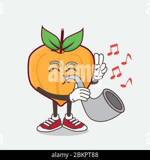 Une illustration de la mascotte de dessin animé d'Eggfruit jouant de la musique avec la trompette Illustration de Vecteur