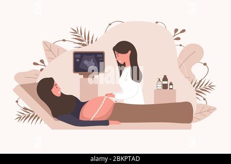 Illustration du diagnostic de santé du bébé embryonnaire. Femme médecin scannant la mère arabe. Fille musulmane avec sourire du ventre. Illustration de Vecteur