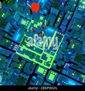 Horizon futuriste de la ville au néon de briques de construction en plastique la nuit. Vue aérienne illustration 3D en perspective isométrique. Banque D'Images