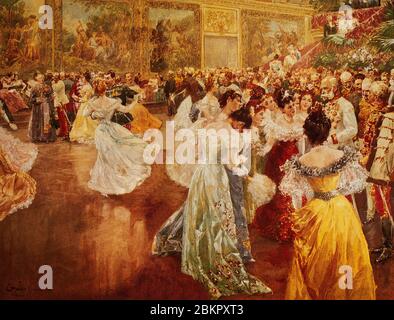 Le Hofball ou le bal de la cour marque une cérémonie représentative organisée par un tribunal d'une famille régnante à Vienne, en Autriche. Pendant le règne de l'empereur François-Joseph I (1848-1916) était le deuxième ballon le plus élevé pendant la saison du carnaval . Le bal a eu lieu dans la Hofburg, par exemple dans la salle de cérémonie. La soirée a été menée par le directeur musical du ballon de cour. Peinture de Wilhelm Gause (1853-1916), peintre germano-autrichien. Banque D'Images