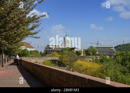 La célèbre promenade Toth Arpad dans le quartier du château de Buda au printemps. Buda Castle Royal Palace en arrière-plan.Budapest,Hongrie,Europe. Banque D'Images