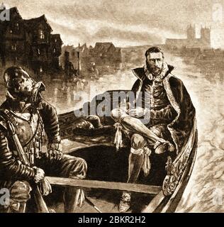 1921 illustration - Sir Walter Raleigh (1552/544 - 1618) est emmené à la Tour de Londres après son arrestation. Il était un homme britannique reconnu et un écrivain, poète, soldat, politicien, courtier, espion et explorateur qui a popularisé le tabac en Angleterre. Il a été décapité dans le vieux palais Yard, Westminster le 29 octobre 1618, après quoi Lady Raleigh a gardé la tête de son mari dans un sac de velours jusqu'à sa propre mort. Banque D'Images