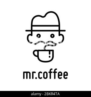 Un homme de moustache taille basse avec un modèle de logo de chapeau de café. Creattiation Idea.Coffee logo. - vecteur. Illustration de Vecteur