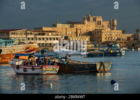 Égypte, Basse-Égypte, côte méditerranéenne, Alexandrie, la Corniche, bateaux de pêche ancrés dans la baie, forteresse de la baie de Qait à l'arrière Banque D'Images