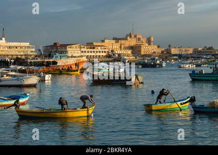 Égypte, Basse-Égypte, côte méditerranéenne, Alexandrie, la Corniche, bateaux de pêche ancrés dans la baie, forteresse de la baie de Qait à l'arrière Banque D'Images