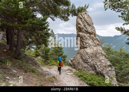 France, Hautes-Alpes (05), Parc naturel régional Queyras, Arvieux, randonneur descendant vers le Col de la Lauze depuis le refuge de Furfande Banque D'Images