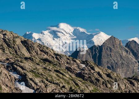 Suisse, Valais, Lac d'Emosson, Col de Barberine, Mont blanc (4810m) vu du Col de Barberine (2482m) Banque D'Images