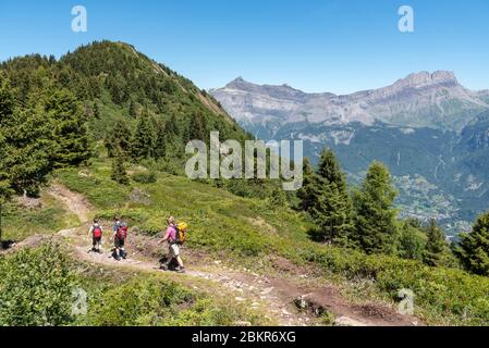 France, haute-Savoie (74), Saint-Gervais, le Prarion, randonneurs sur le chemin menant au sommet du Prarion, en arrière-plan le massif de la FIZ Banque D'Images