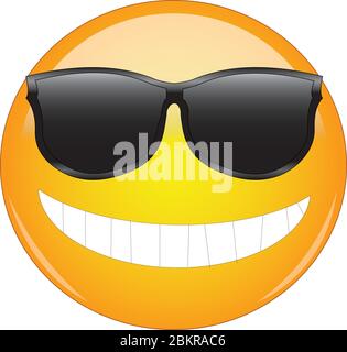 Emoji frais dans des lunettes de soleil. Émoticone visage souriant jaune portant des lunettes de soleil et ayant le grand sourire montrant toutes les dents. Expression d'être cool, génial, Illustration de Vecteur