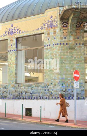 France, haute Vienne, Limoges, Pavillon du Verdurier, ancien pavillon réfrigéré construit en 1919 par l'architecte Roger Gonthier, mosaïques de la maison Gentil & Bourdet Banque D'Images