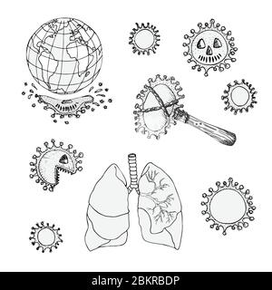 Jeu d'encre de croquis médical icône virus, crique, crâne, os isolés sur fond blanc. Concept de conception pour votre projet médical, poster social contre Illustration de Vecteur