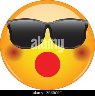 Impressionnant emoji choqué dans les lunettes de soleil. Émoticone visage jaune froid portant des nuances et ayant rougissement des joues et de la bouche large ouvert, comme si surpris ou choc Illustration de Vecteur