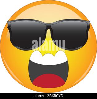 Emoji froid hurlant en colère. Émoticone visage jaune portant des lunettes de soleil et criant dans la colère avec la large bouche ouverte montrant les dents supérieures. Expression de Illustration de Vecteur