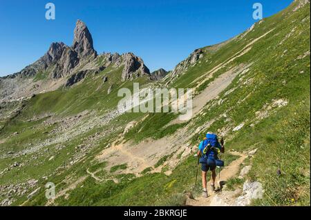 France, Savoie, Beaufortain, le refuge de Presset, randonneur sur le chemin menant à la Pierra Menta (2714m) via le Col ? Tutu Banque D'Images