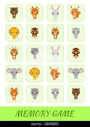 Les cartes clipart modèle de jeu trouver deux mêmes images. Jeu de mémoire pour les enfants. Feuille de travail développement de l'éducation. Formation à la pensée logique. Illustration de Vecteur