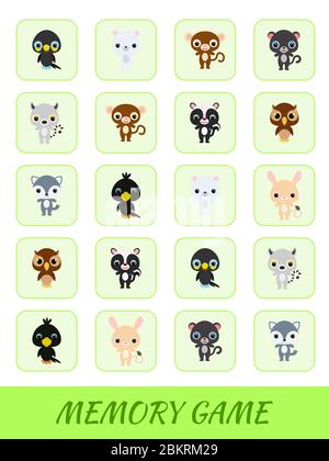 Les cartes clipart modèle de jeu trouver deux mêmes images. Jeu de mémoire pour les enfants. Feuille de travail développement de l'éducation. Formation à la pensée logique. Illustration de Vecteur