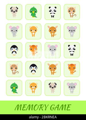 Les cartes clipart modèle de jeu trouver deux mêmes images. Jeu de mémoire pour les enfants. Feuille de travail développement de l'éducation. Formation à la pensée logique. Illustration de Vecteur