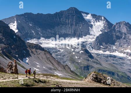 France, Savoie, Champagny-le-Haut, Parc National de la Vanoise, Tour du Vallaisonnay, randonneurs descendant du Col de la Croix des FR?tes (2647 m) avec la face nord de la Grande casse (3855 m) en arrière-plan Banque D'Images