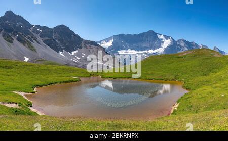 France, Savoie, Champagny-le-Haut, Parc national de la Vanoise, Tour du Vallaisonnay, point de vue sur la face nord de la Grande casse (3855m) du Lac du Grand Plan Banque D'Images