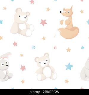 Motif sans couture avec jouets pour animaux de forêt sur fond blanc pour produits pour bébés Illustration de Vecteur