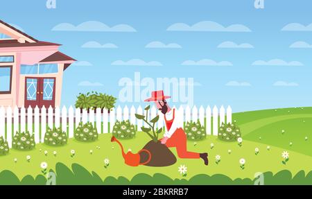 homme fermier en uniforme plantation et arrosage arbre nature environnement écologie printemps temps concept horizontal paysage fond pleine longueur illustration vectorielle Illustration de Vecteur