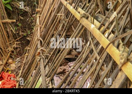 Tombe de bâtons de bambou dans le cimetière du village de Terunyan. Kuburan traditionnel à Bali, Indonésie. Les corps sont enterrés au-dessus du sol. Crâne humain parmi colo Banque D'Images