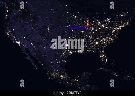 Carte haute résolution composition des Etats-Unis la nuit pointée Chicago, Illinois - éléments de cette image fournie par la NASA Banque D'Images