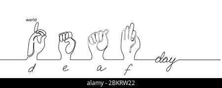 Langue du doigt. Monde sourd jour simple une ligne esquisse. Bannière de dessin à main continue Illustration de Vecteur