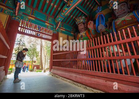 Corée du Sud, province de Gyeongsang Sud, temple de Ssanggyesa, jeune femme coréenne priant devant deux sculptures géantes de divinités bouddhistes Banque D'Images