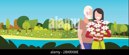 heureux couple mature avec des fleurs debout ensemble homme âgé femme ayant des relations romantiques printemps temps concept horizontal paysage fond portrait illustration vecteur Illustration de Vecteur